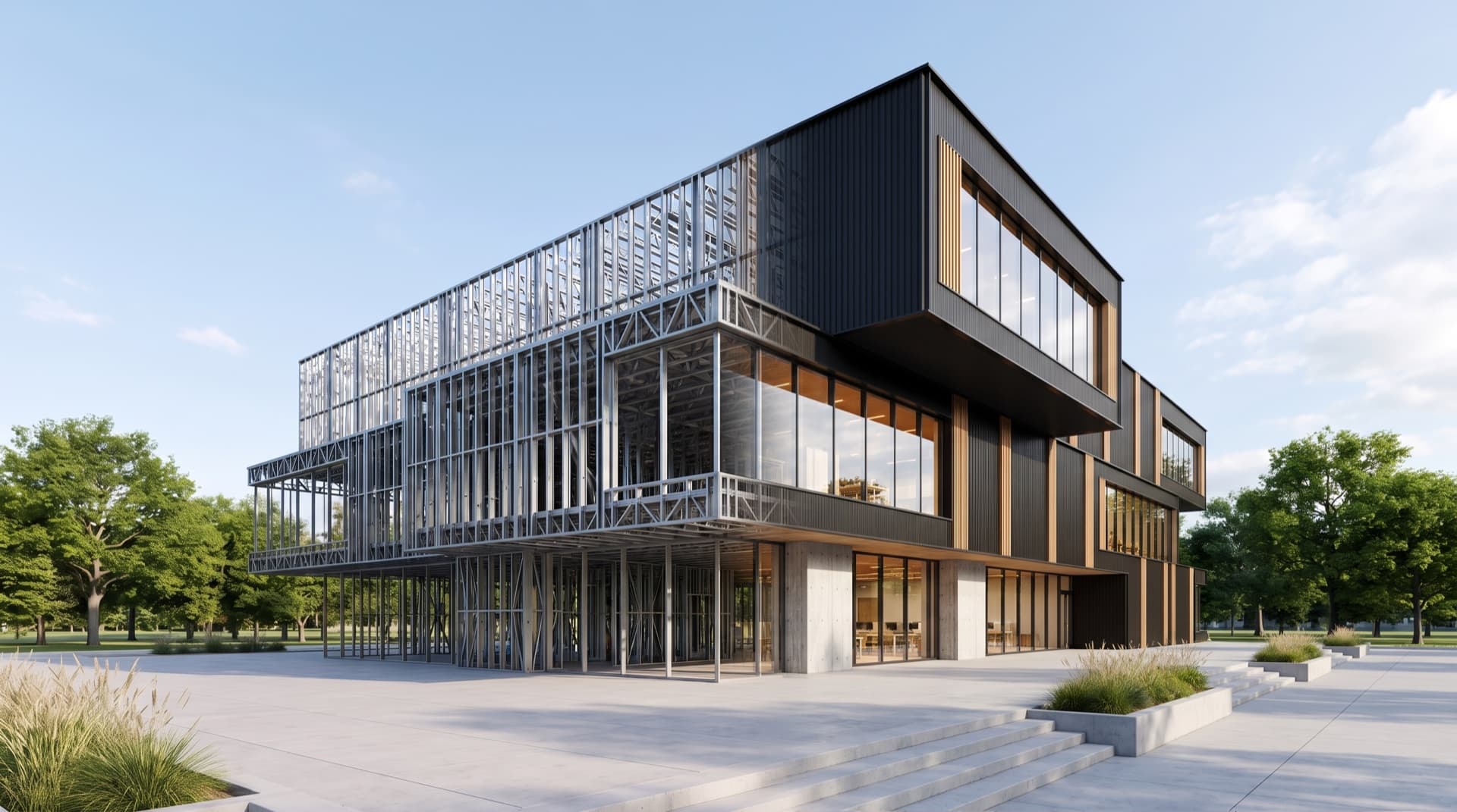 An institutional building framed with steel