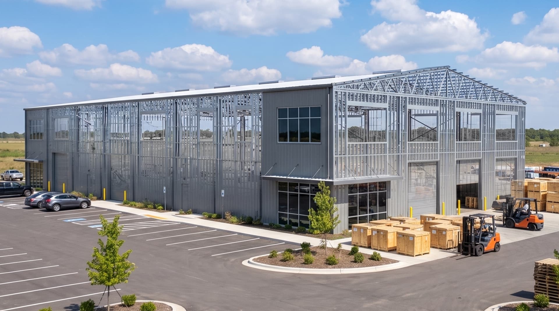 An industrial steel-frame structure under construction
