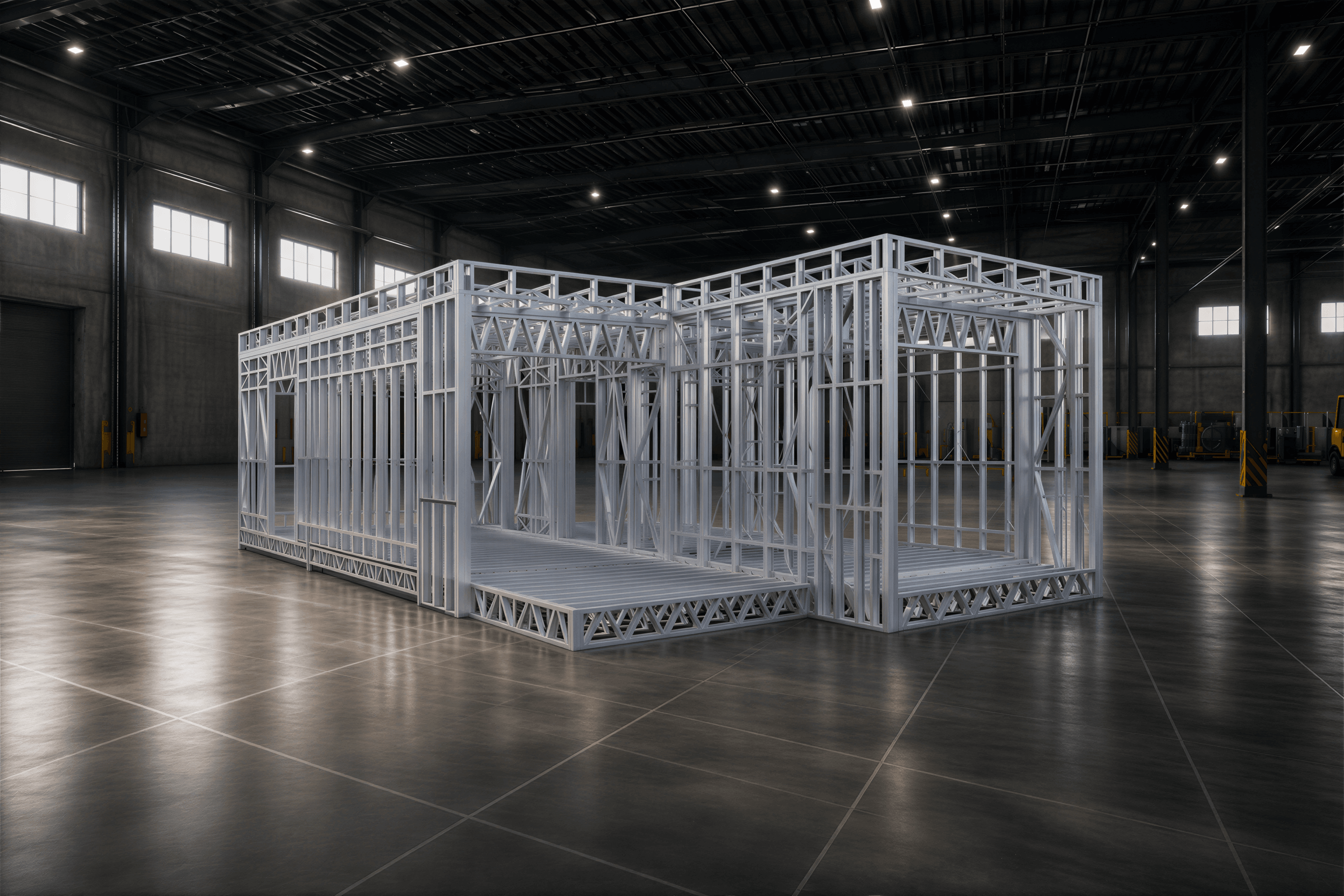 Light-gauge steel frame assembled in a fabrication hall
